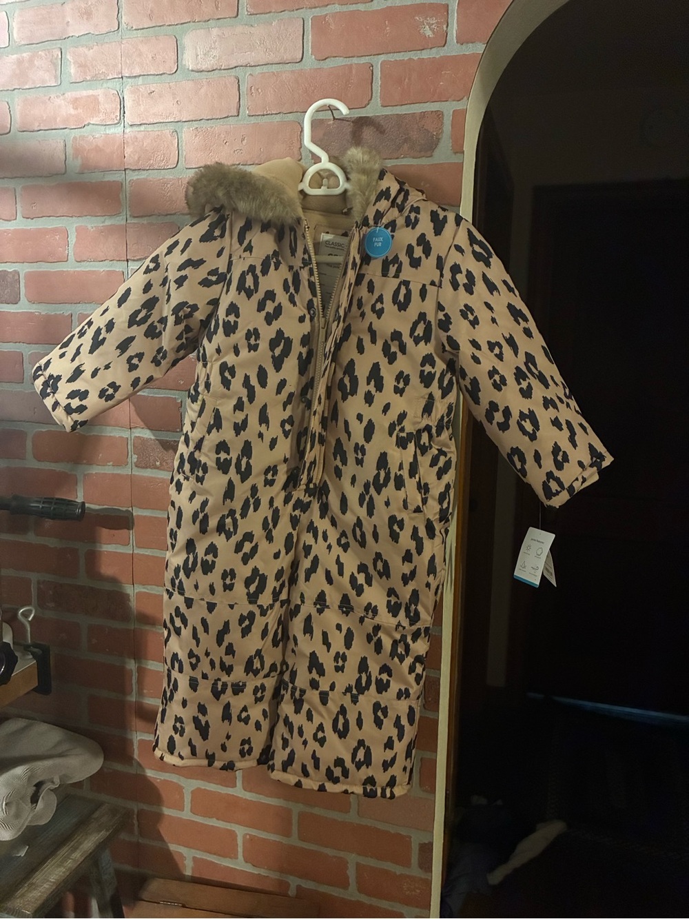Carter's Leopard Print Puffer Coat with Faux Fur Hood - Tan & Black